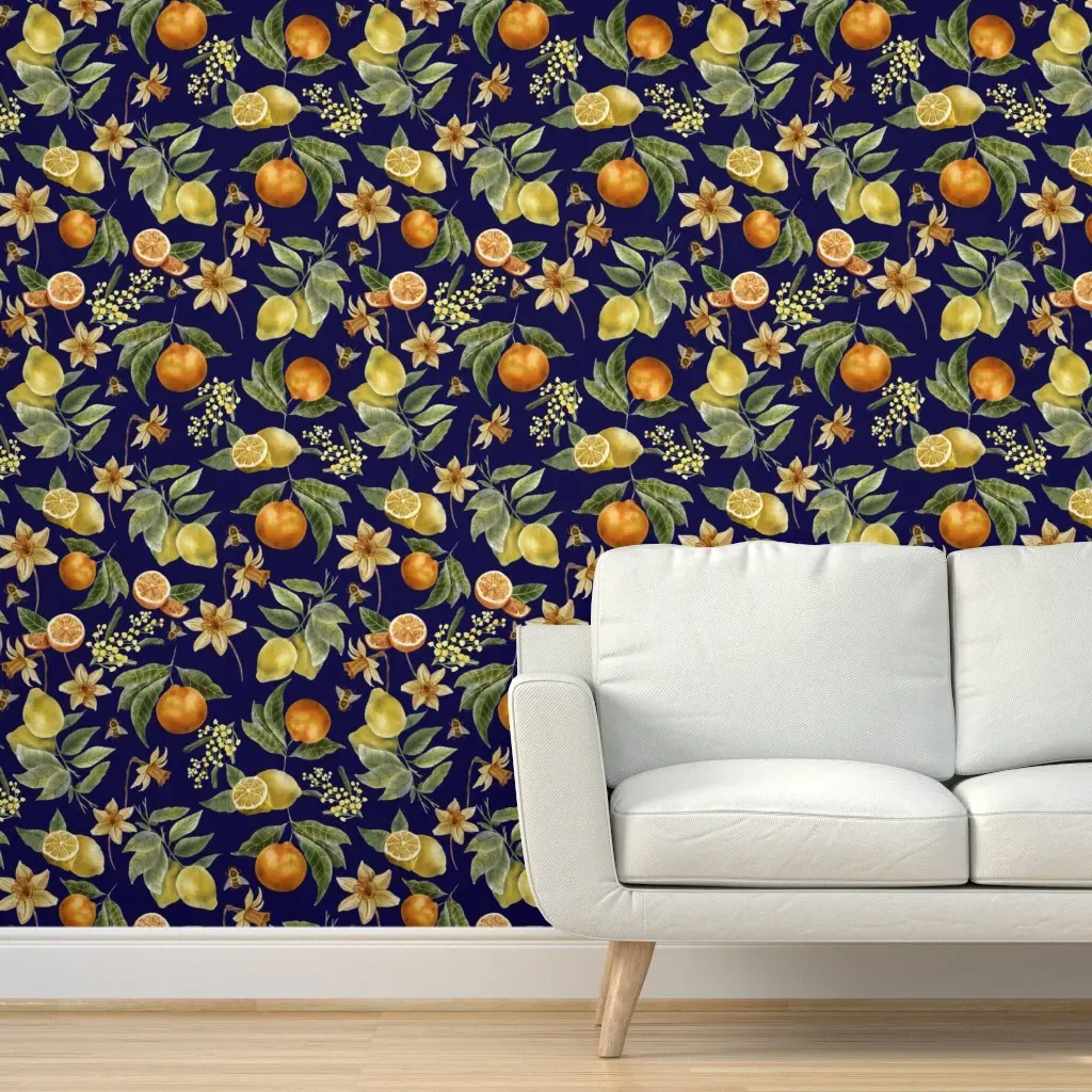 Botanical Lemons Oranges Daffodils & Bees Peel and Stick Wallpaper - Navy, Yellow product
