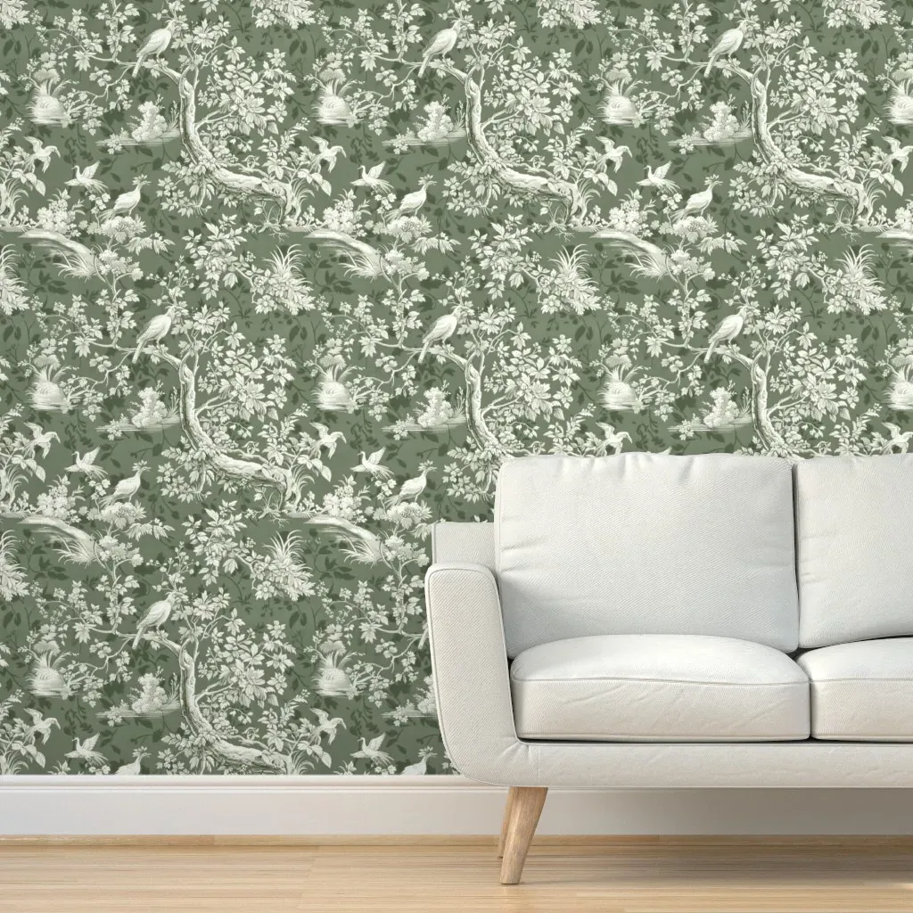 Botanical Sage Green Chinoiserie Birds Peel and Stick Wallpaper - White product