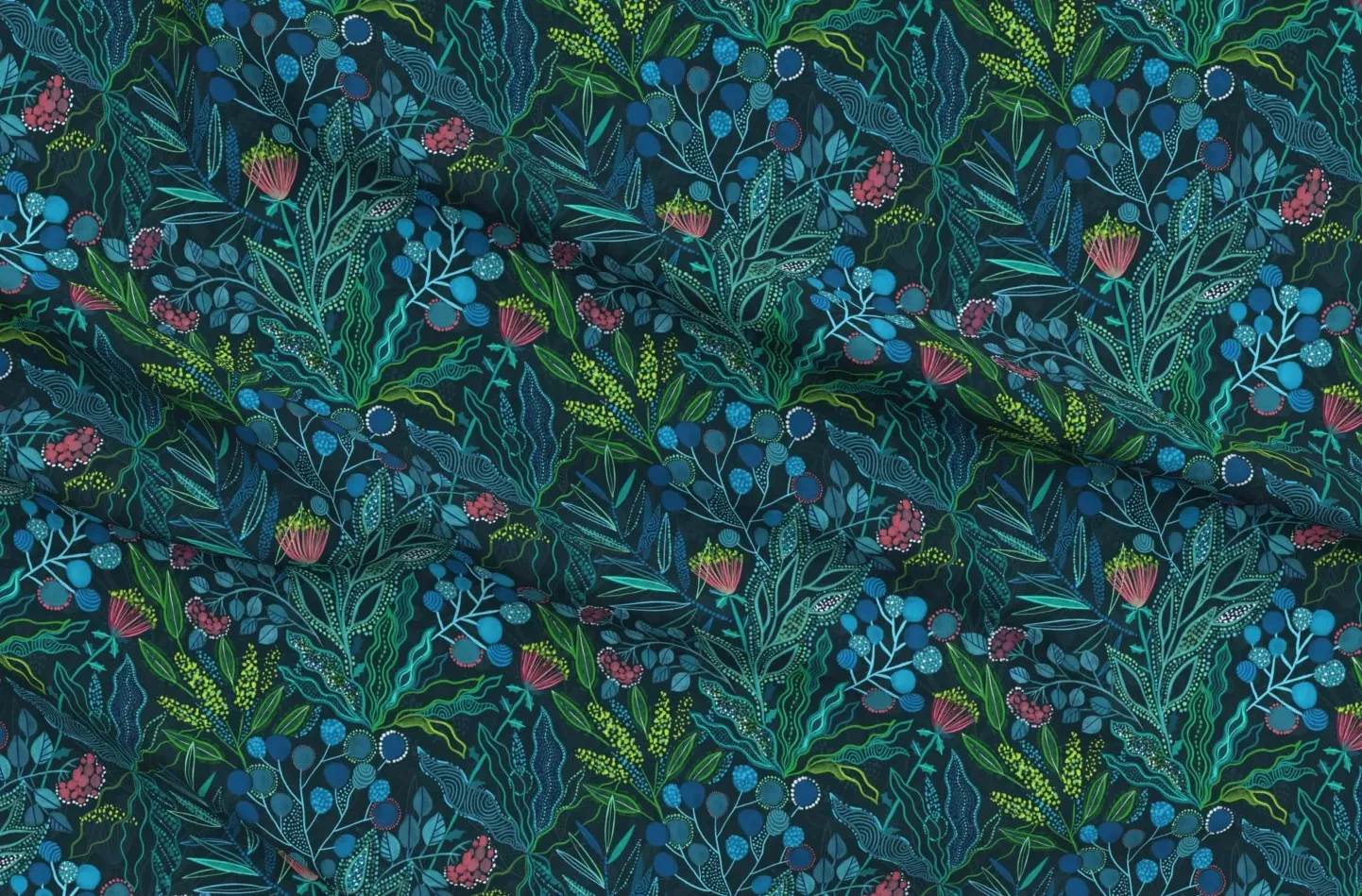 Botanical Vibes Australian Flora Pique Fabric - Blue, Green product