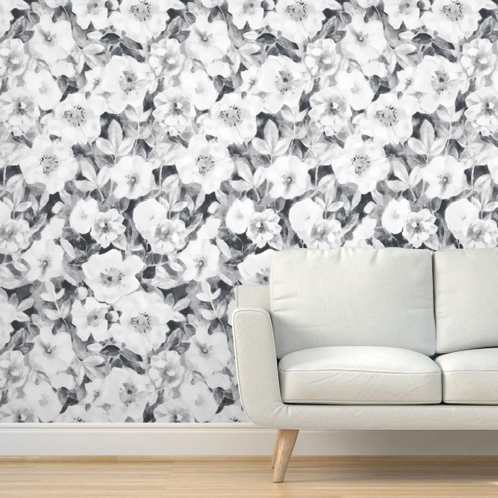 Botanical Watercolor Floral Peel and Stick Wallpaper - Black, White product
