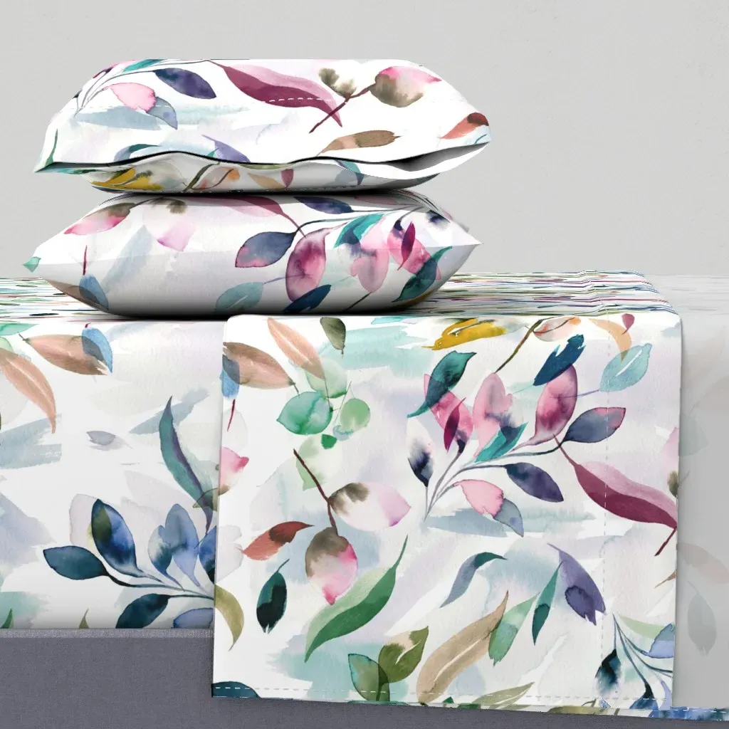 Botanical Watercolor Leaves Queen Sheet Set - Dusty Pink product