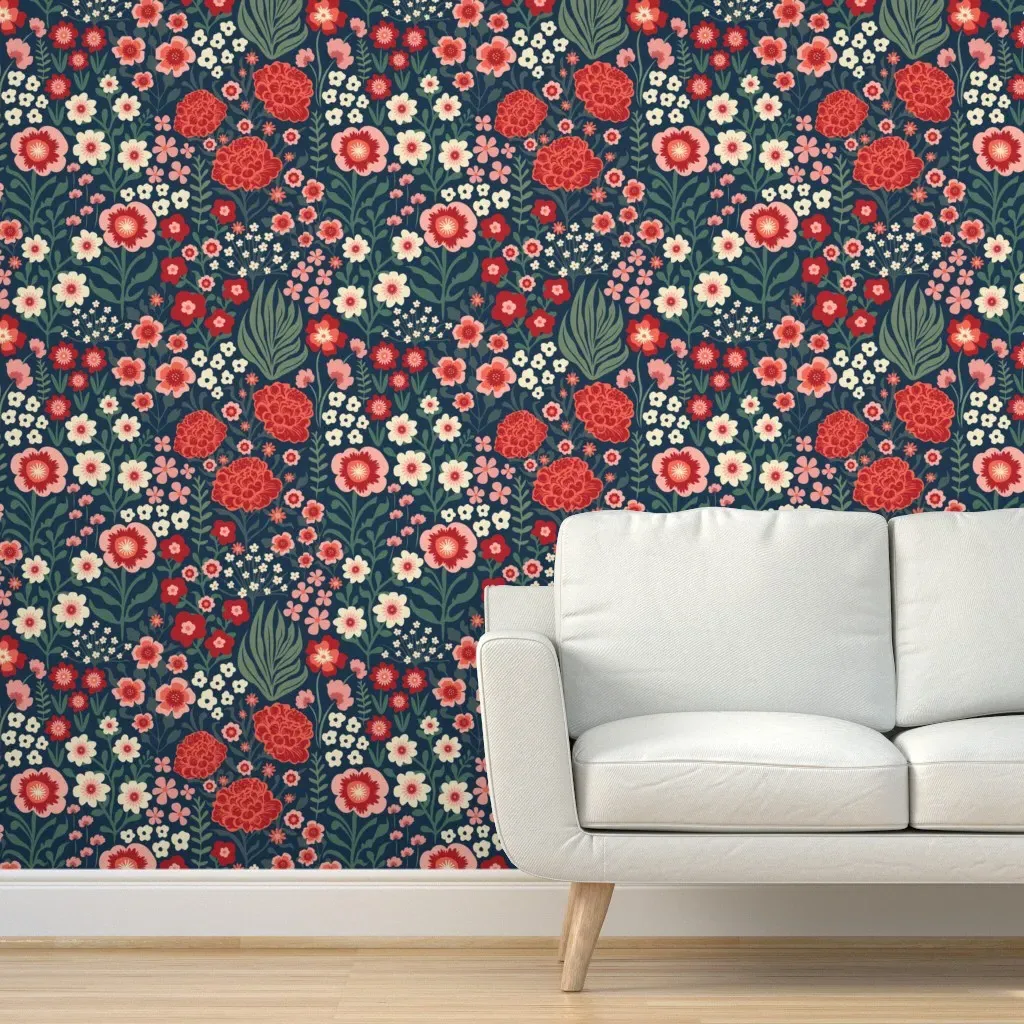 Botanical Wild Flowers Night Garden Peel and Stick Wallpaper - Dark Blue product