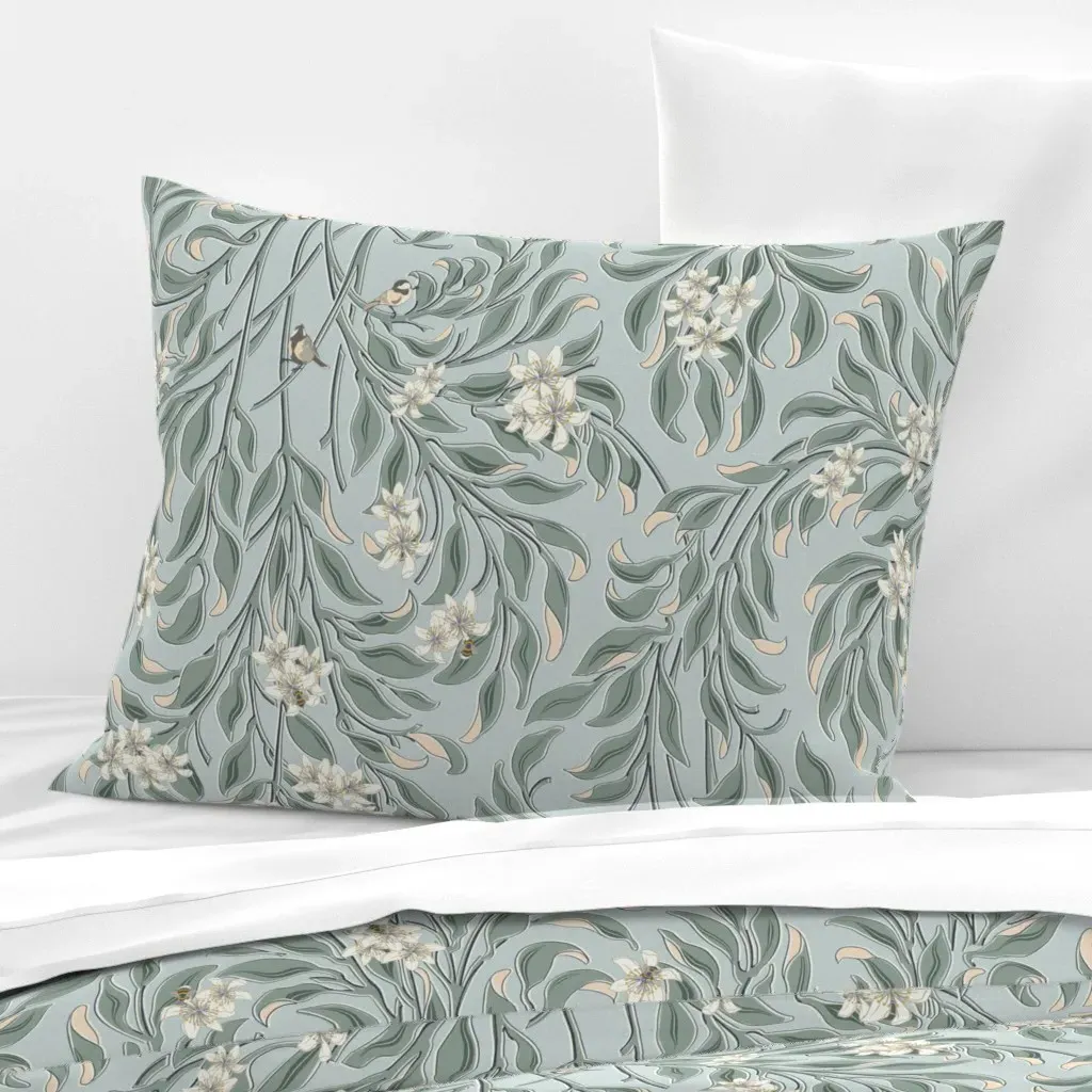 Boughs And Birds Heritage Revival Standard Knife Edge Pillow - Green, Cotton Sateen product