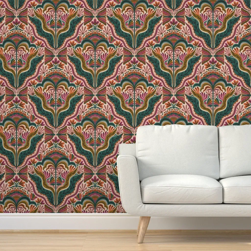 Bouquet Of Folk Peel and Stick Wallpaper - Pink product