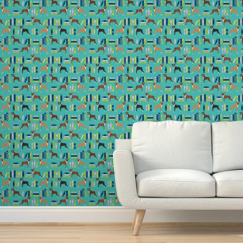 Boxer Library Books Cute Dog Breed Peel and Stick Wallpaper - Teal product