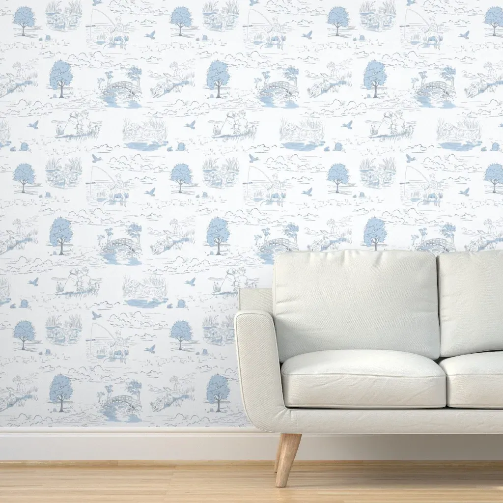 Boy Fishing With Dog Toile Peel and Stick Wallpaper - Light Blue product