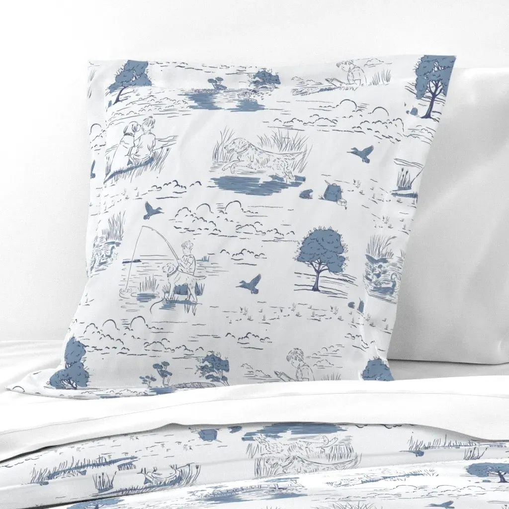 Boy Fishing With His Dog Toile Euro Pillow Sham - Blue product