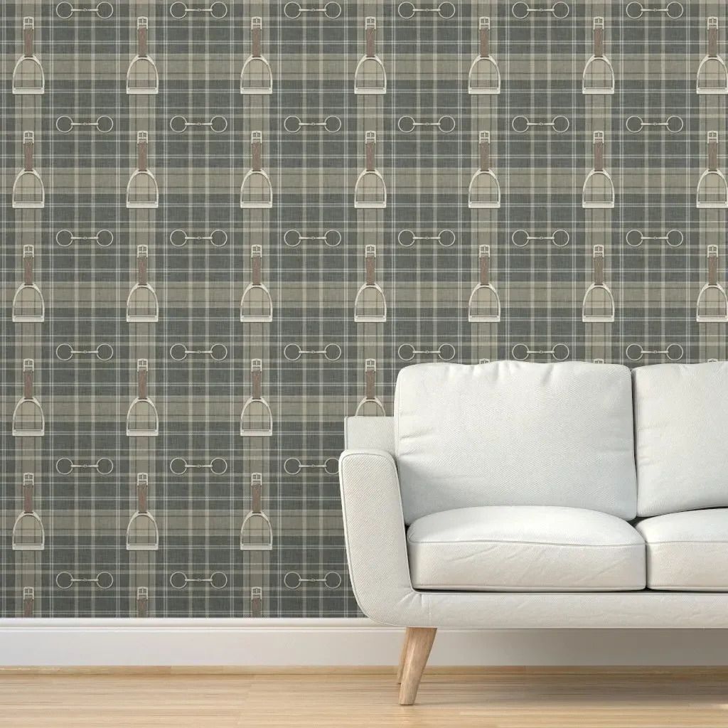 Brampton Horse Tack & Tartan Plaid Peel and Stick Wallpaper - Olive product