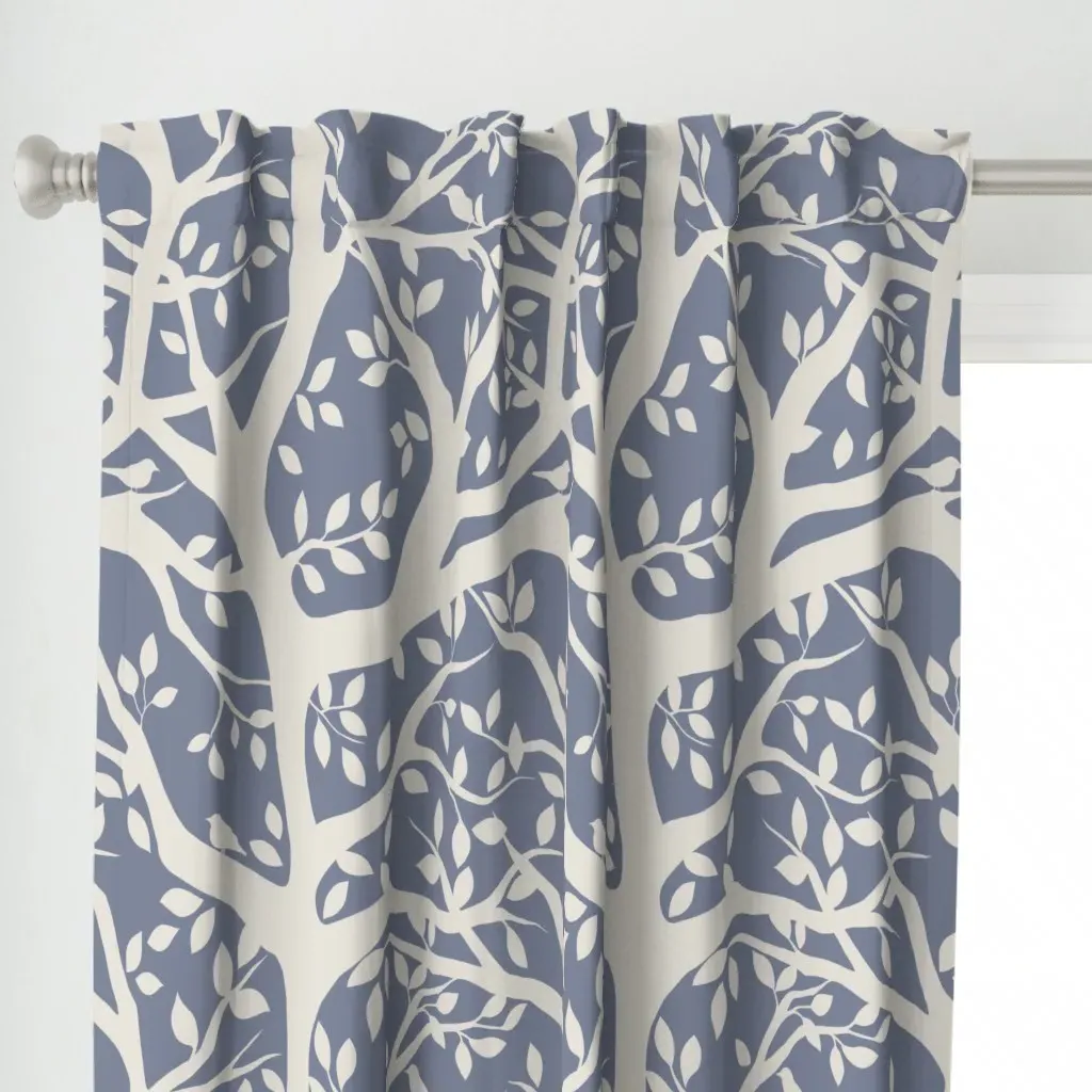 Branch Leaves Birds Curtain Panel - Dusty Blue alternate view