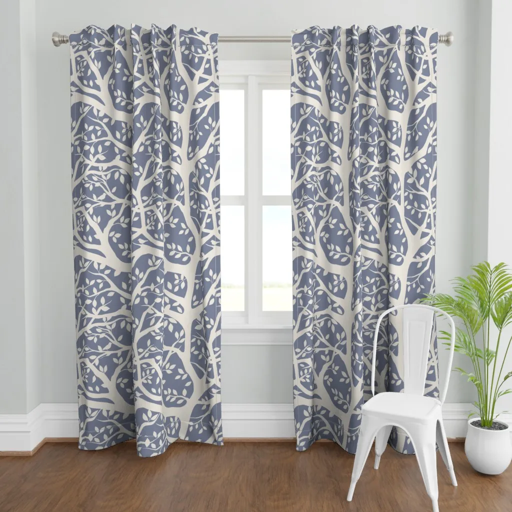 Branch Leaves Birds Curtain Panel - Dusty Blue product