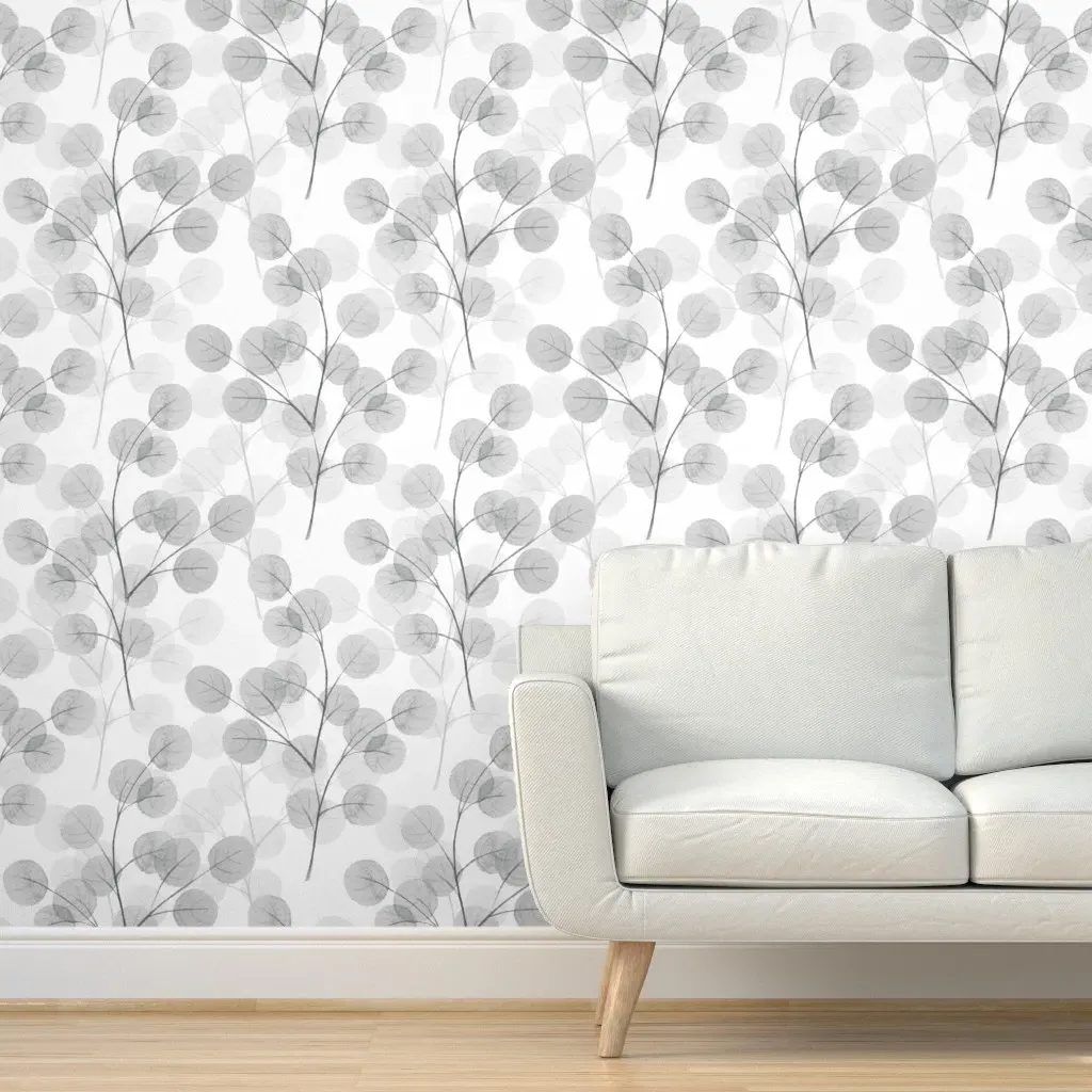 Branches With Round Leaves Peel and Stick Wallpaper - Light Gray product