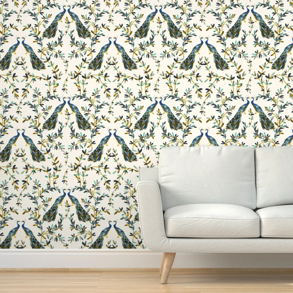 Brass and Teal Peacocks Vintage Tropical Peel and Stick Wallpaper - Teal product