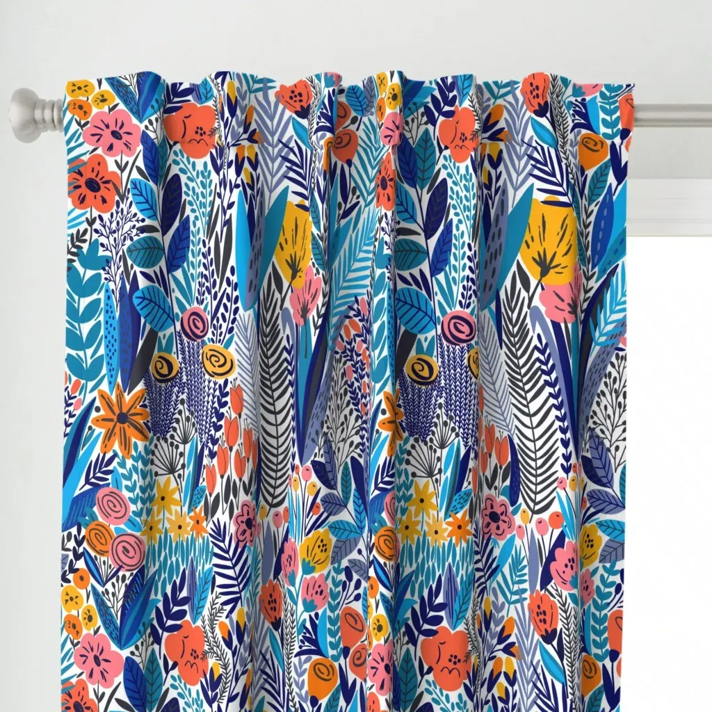 Bright Blue Botanical Curtain Panel - Blue alternate view