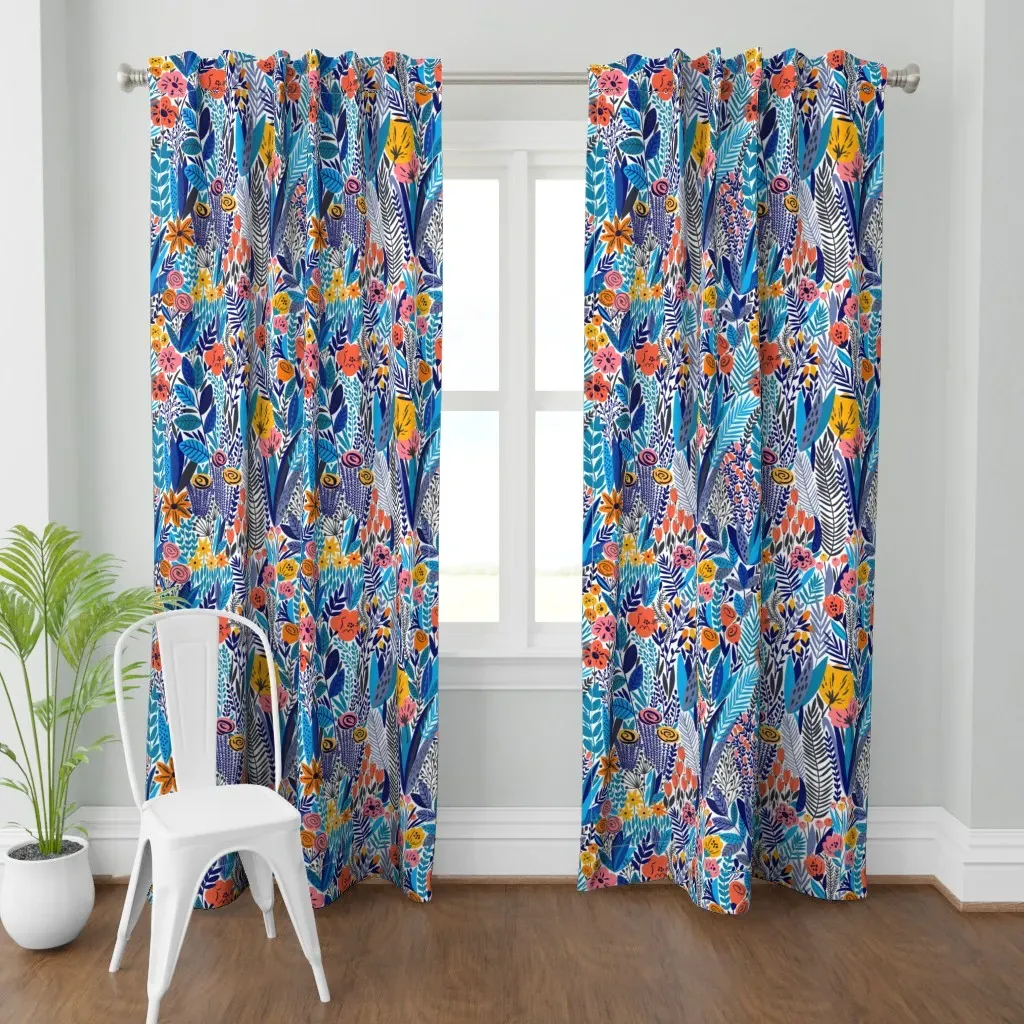 Bright Blue Botanical Curtain Panel - Blue product