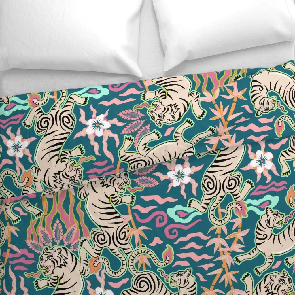 Bright Flaming Spring Tigers Duvet Cover - Teal alternate view