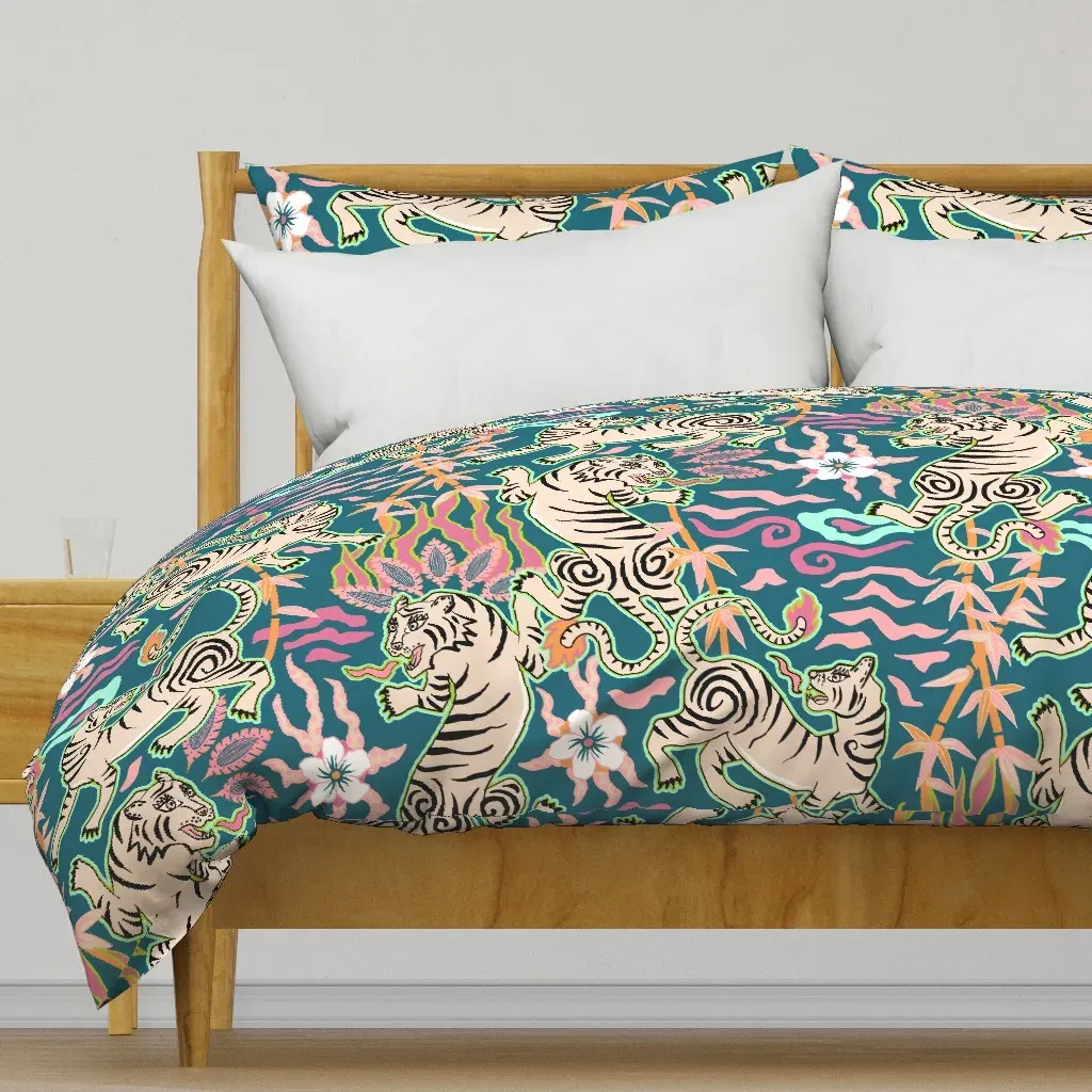 Bright Flaming Spring Tigers Duvet Cover - Teal product