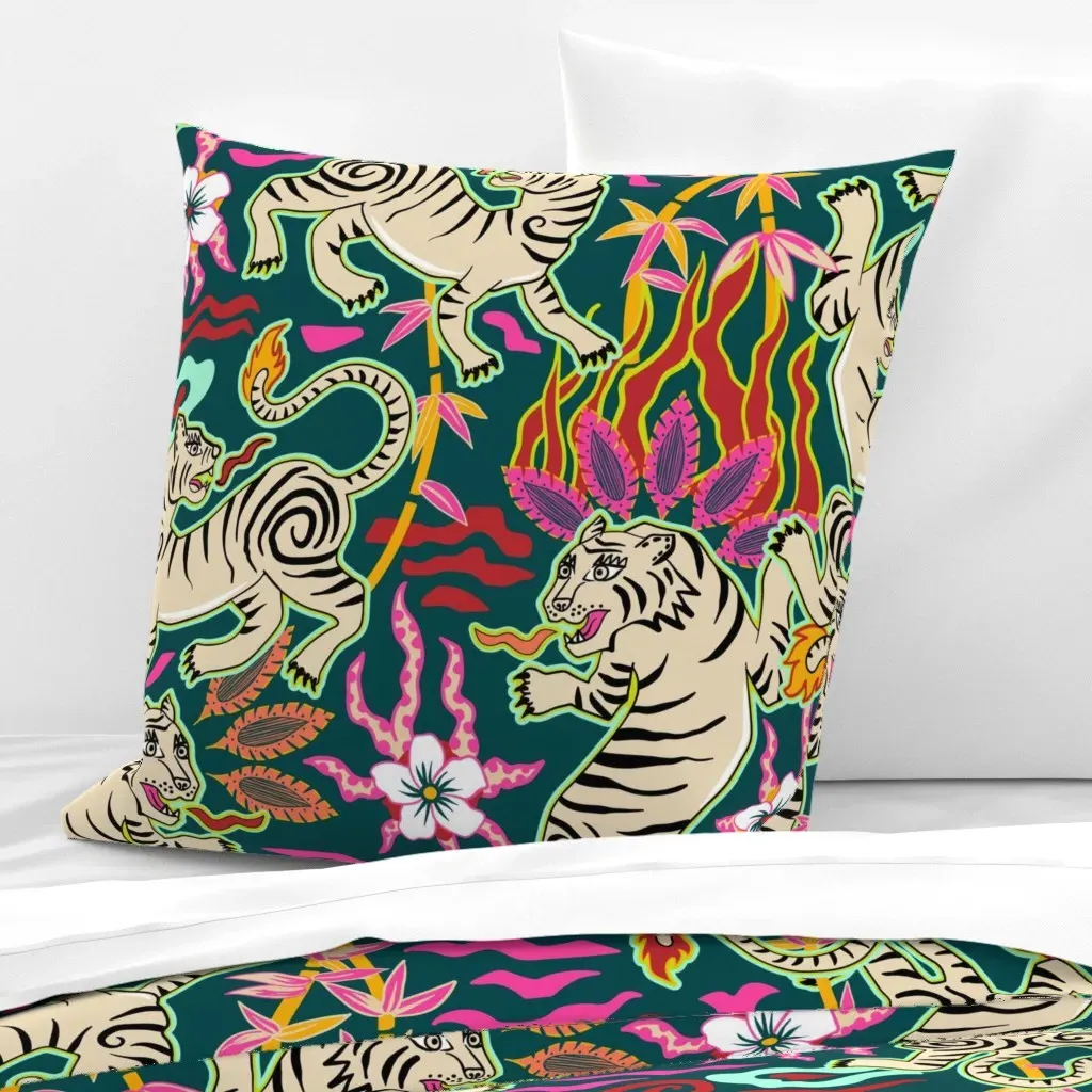 Bright Flaming Spring Tigers Jumbo Euro Pillow Sham - Teal product