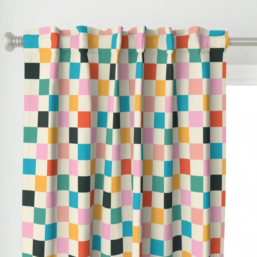 Bright Mid-Century Checks Curtain Panel - Off-White alternate view
