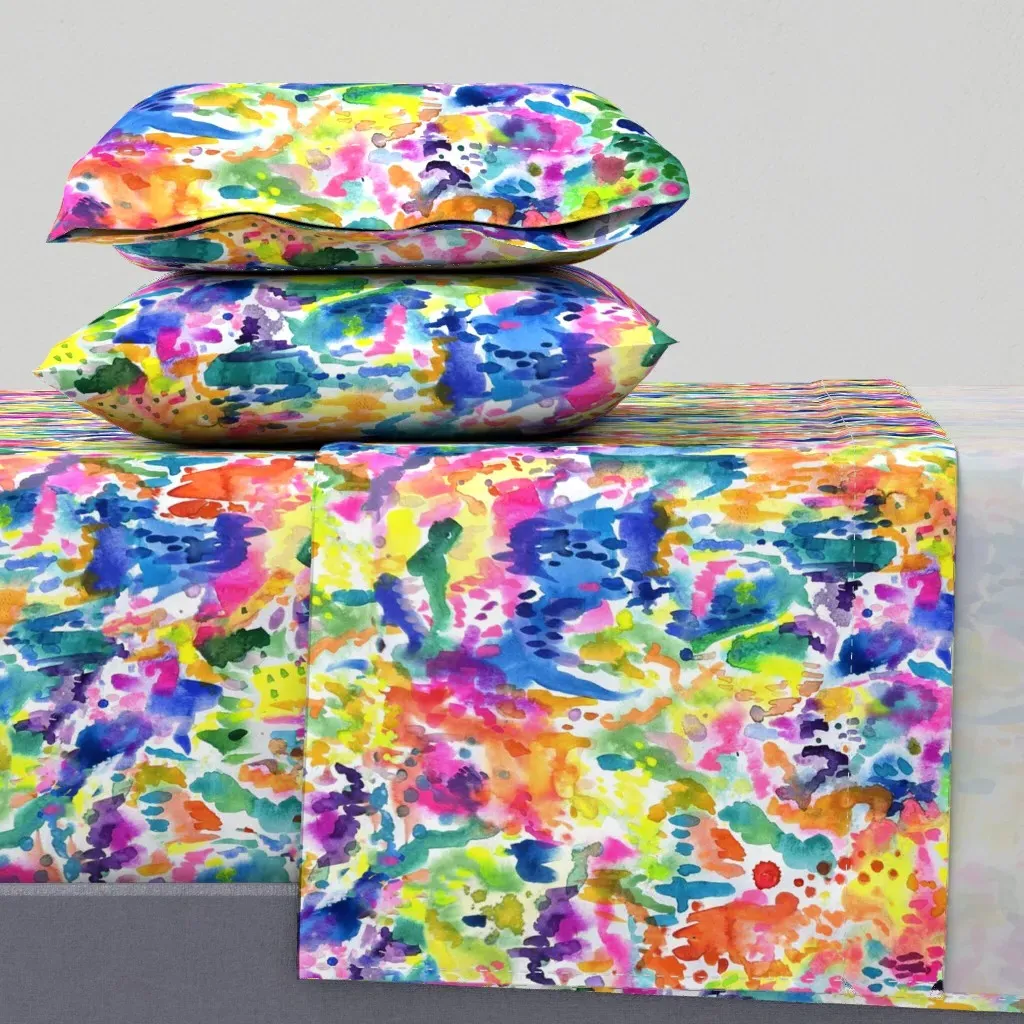 Bright Rainbow Watercolor Abstract Twin Sheet Set - Pink product