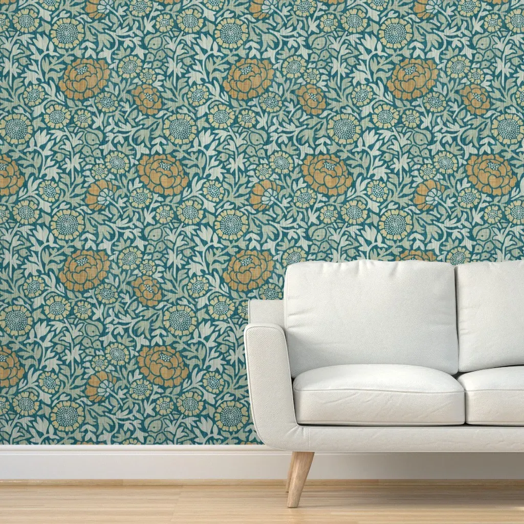 Broody Quail Hen William Morris Style Peel and Stick Wallpaper - Teal product