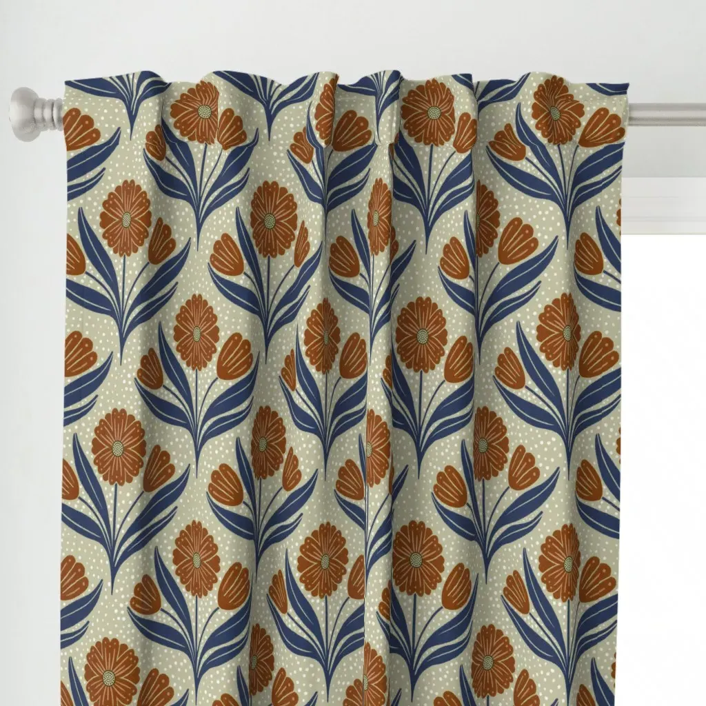 Brown and Blue Floral Curtain Panel - Terracotta alternate view