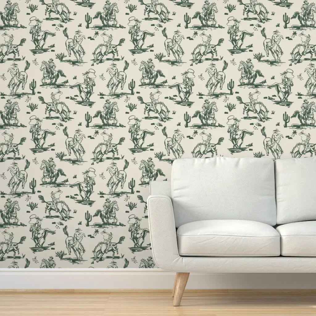 Bucking Bronco Western Rodeo Cowboy Toile Peel and Stick Wallpaper - Ecru, Dark Green product