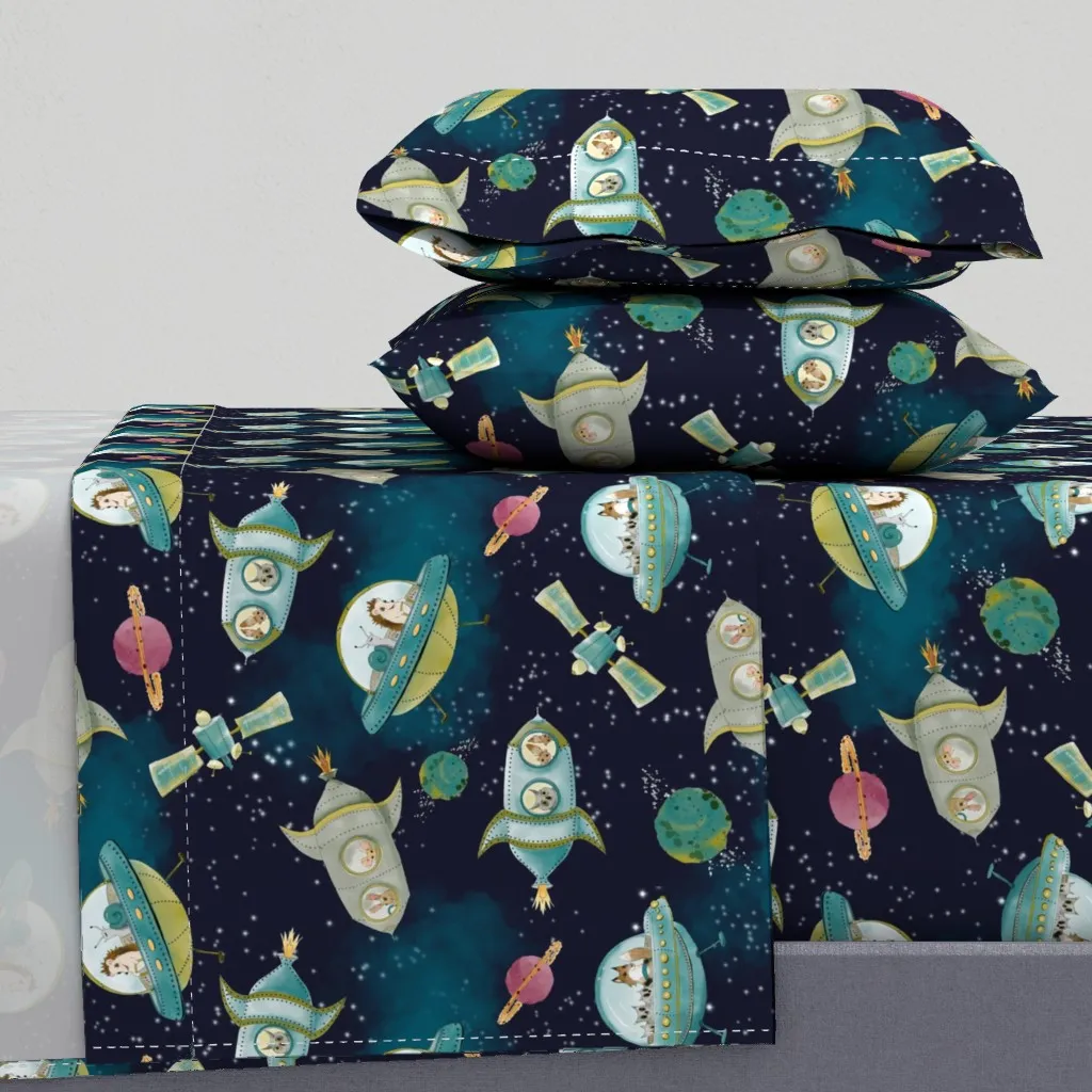 Buddies In Outer Space Dark Background Queen Sheet Set - Teal product