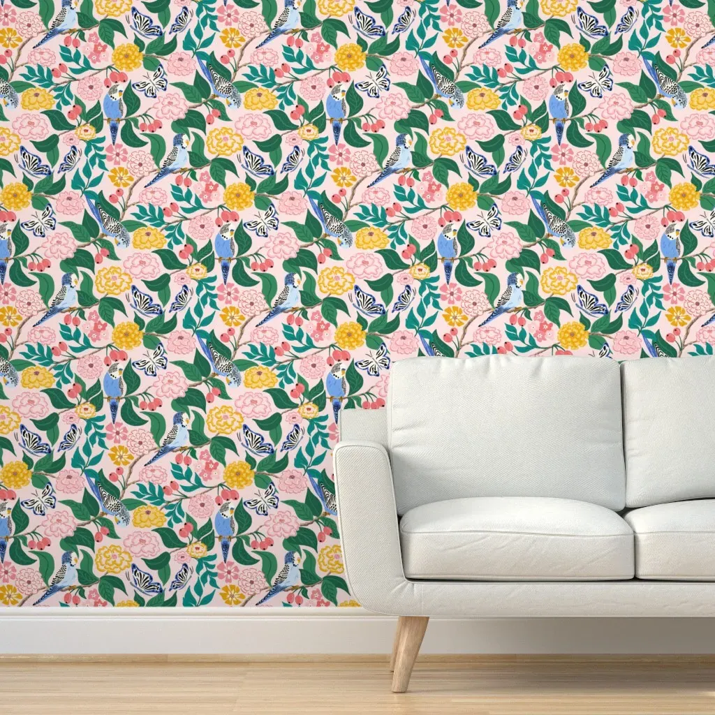 Budgies and Butterflies Peel and Stick Wallpaper - Coral Yellow product