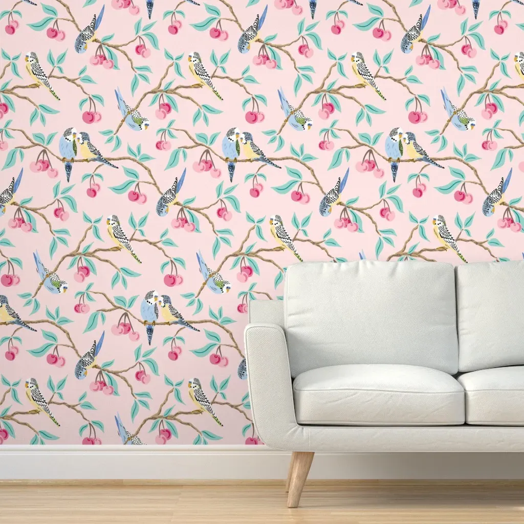 Budgies In The Cherry Tree Peel and Stick Wallpaper - Pink product