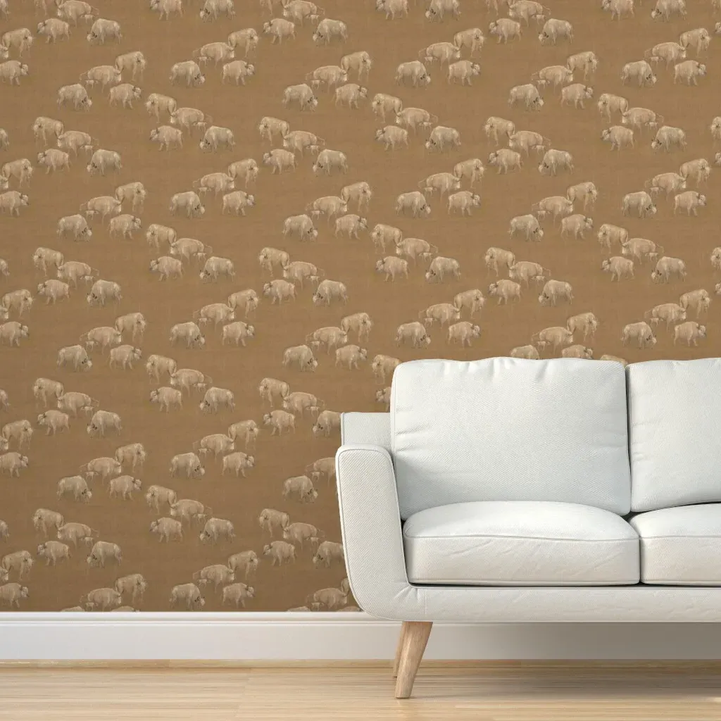 Buffalo Bison Herd Peel and Stick Wallpaper - Off-White, Faux Linen product
