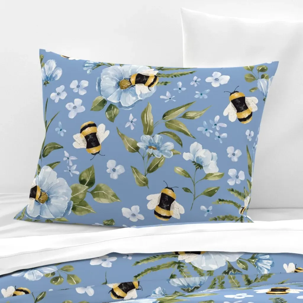 Bumblebee Floral Standard Knife Edge Pillow - Blue, Cotton Sateen product