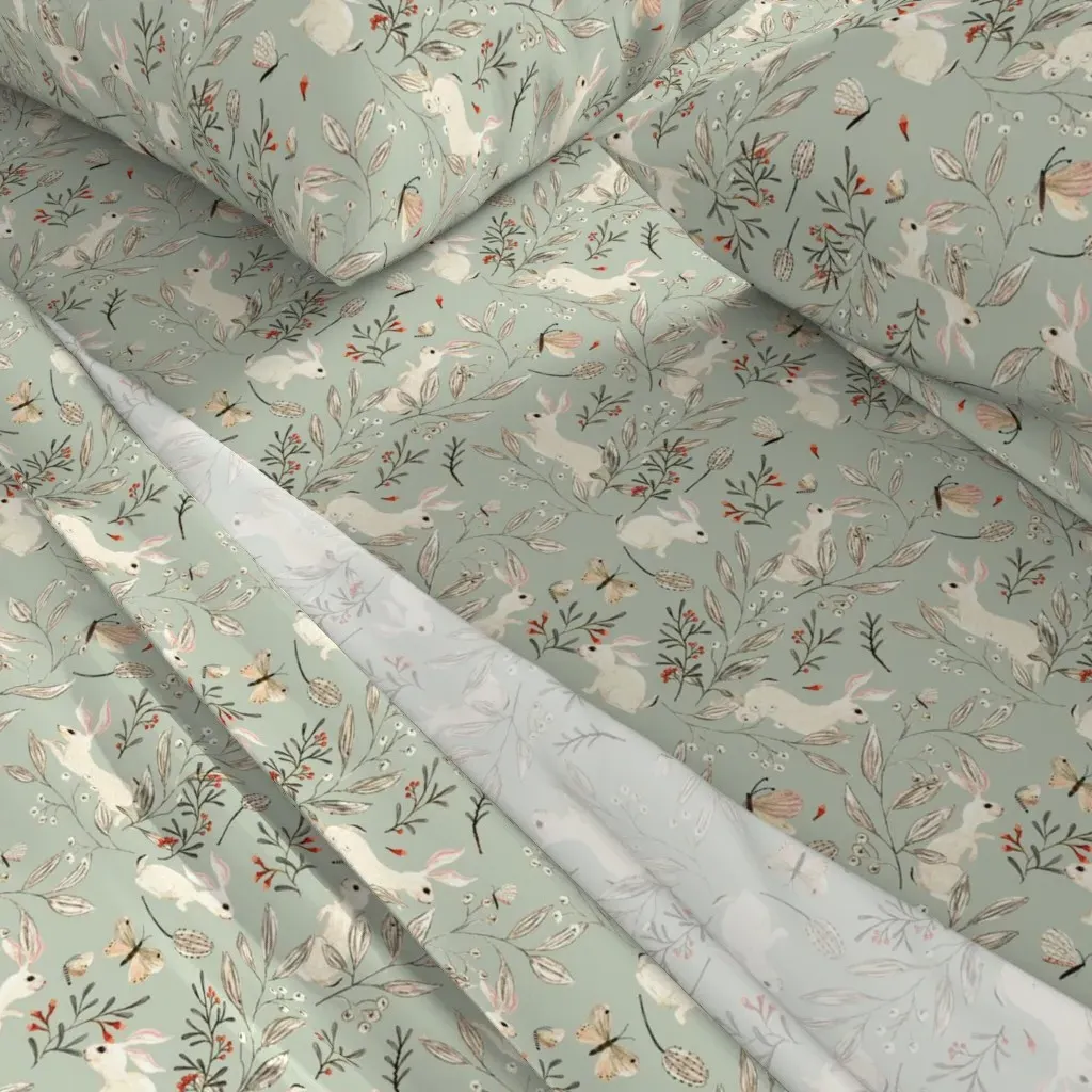 Bunnies Dusky Green Woodland Butterflies King Sheet Set - White alternate view