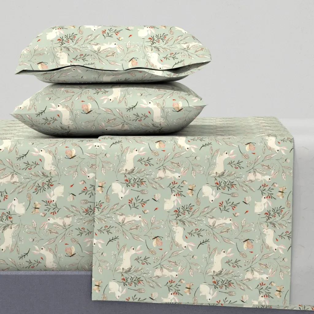 Bunnies Dusky Green Woodland Butterflies King Sheet Set - White product