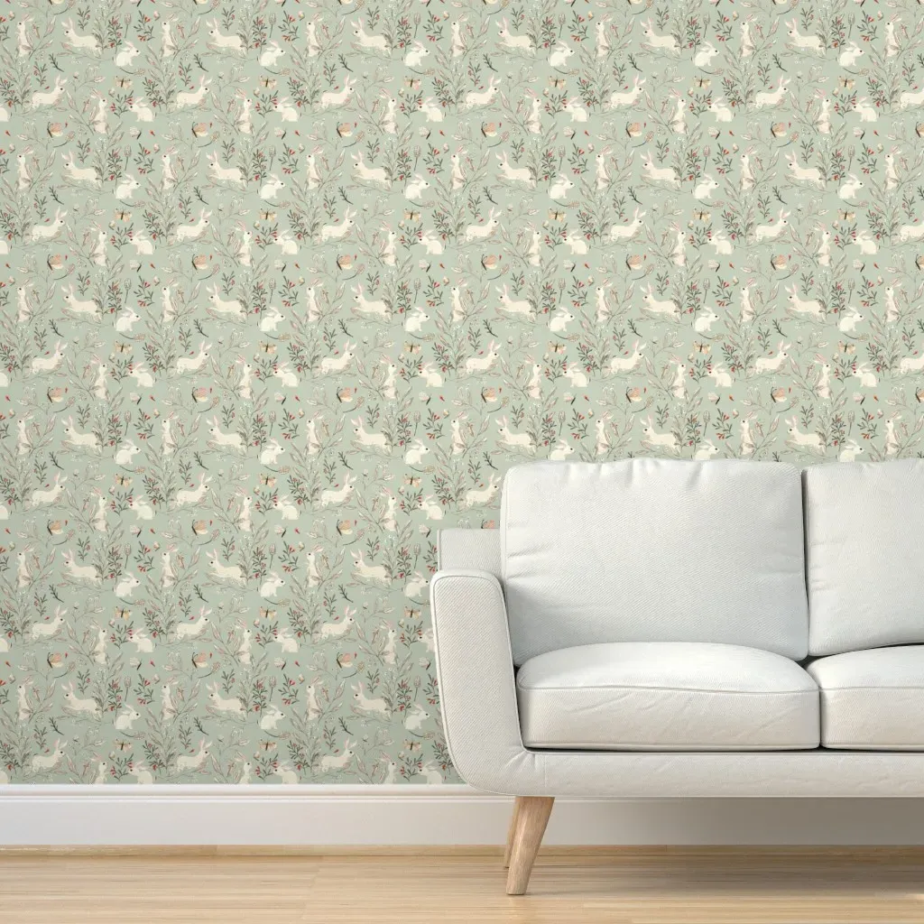 Bunnies Woodland Butterflies Peel and Stick Wallpaper - Dusky Green product