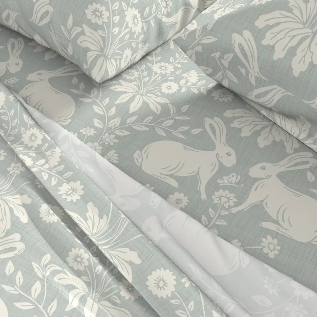 Bunny Botanica Large King Sheet Set - Blue, Linen Texture alternate view