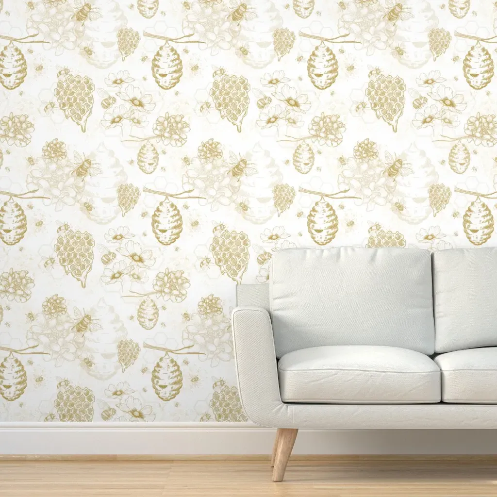 Busy Bees Toile Peel and Stick Wallpaper - White, Gold product