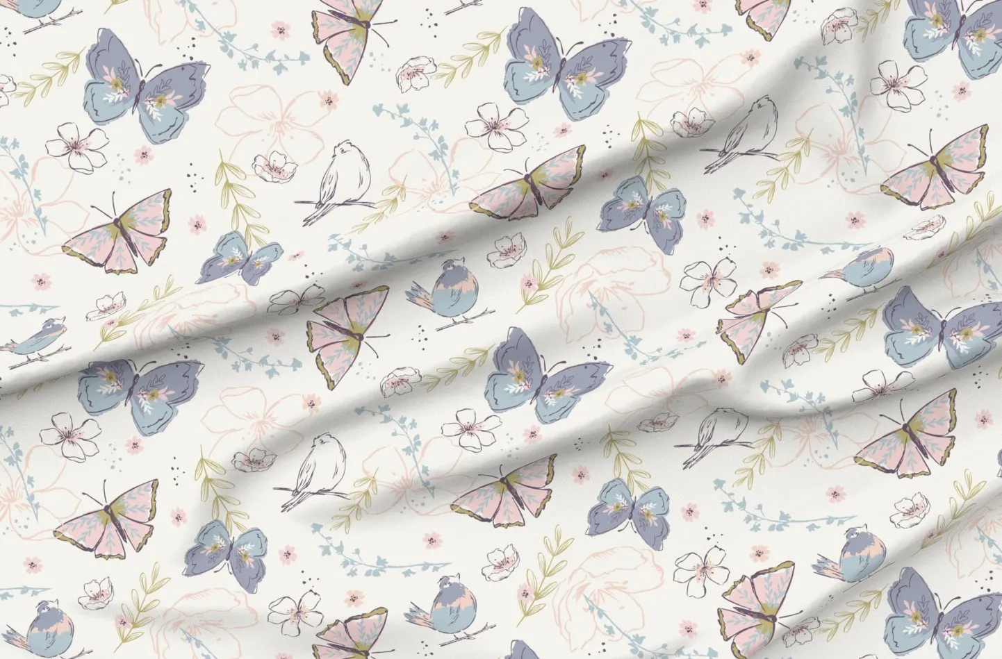 Butterflies And Birds Garden Nursery Fabric - Pink, Pique product