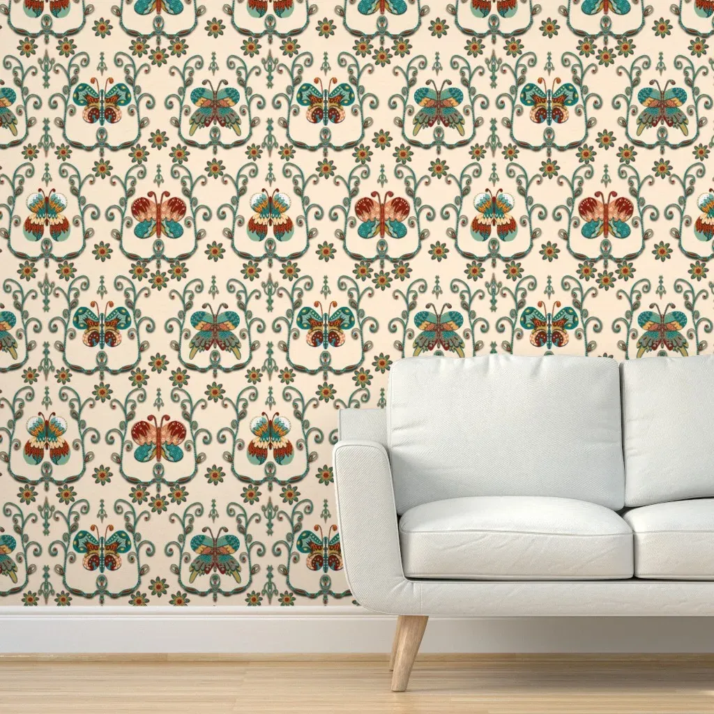 Butterflies Cutout Damask Peel and Stick Wallpaper - Teal product