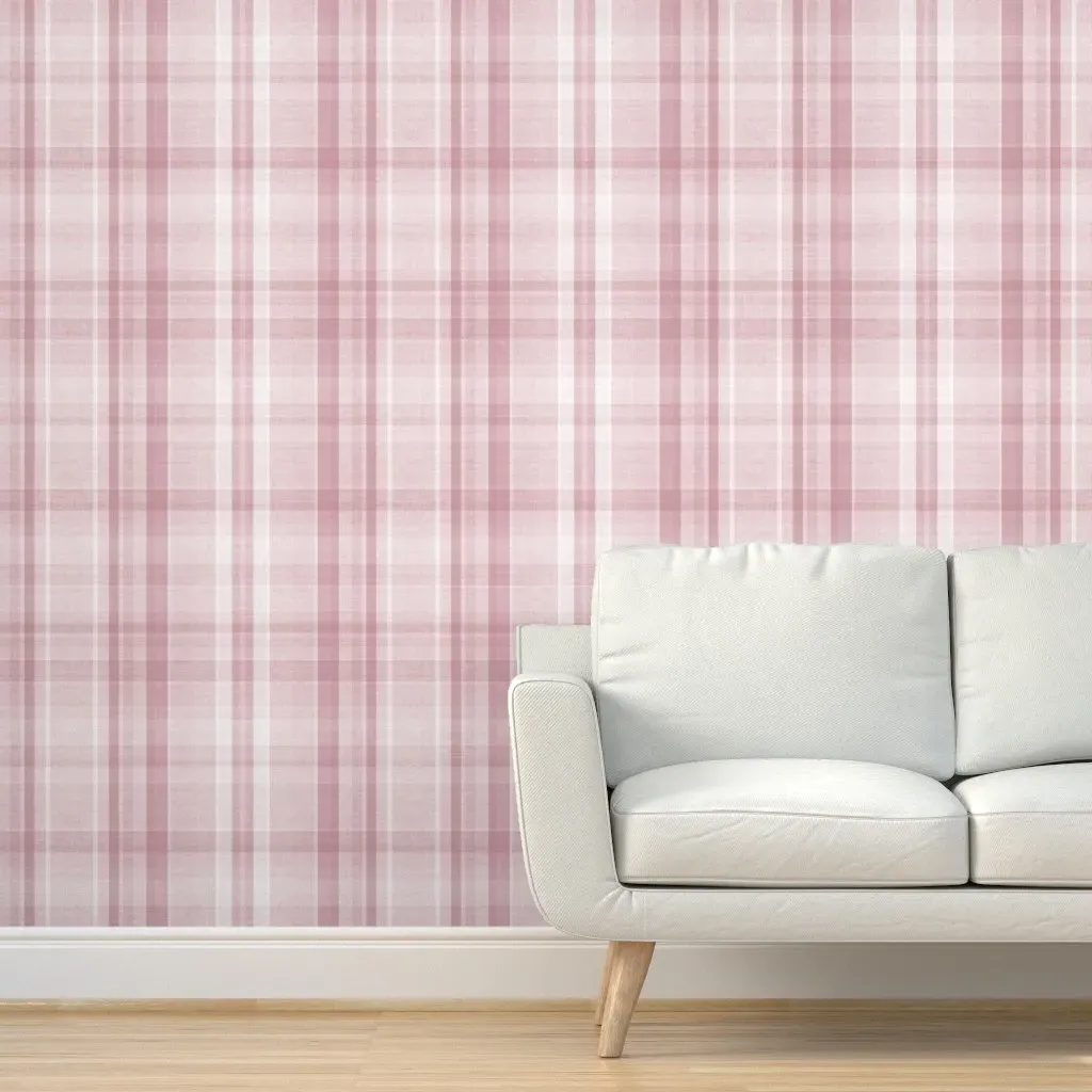 Cabincore Cozy Plaid Peel and Stick Wallpaper - Pink, Grasscloth product