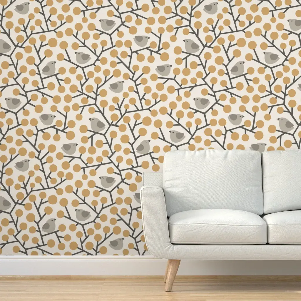Cabincore Forest Birds & Branches Peel and Stick Wallpaper - Mustard Yellow product