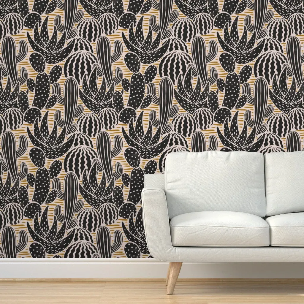 Cacti Garden Blockprint Peel and Stick Wallpaper - Black and White product