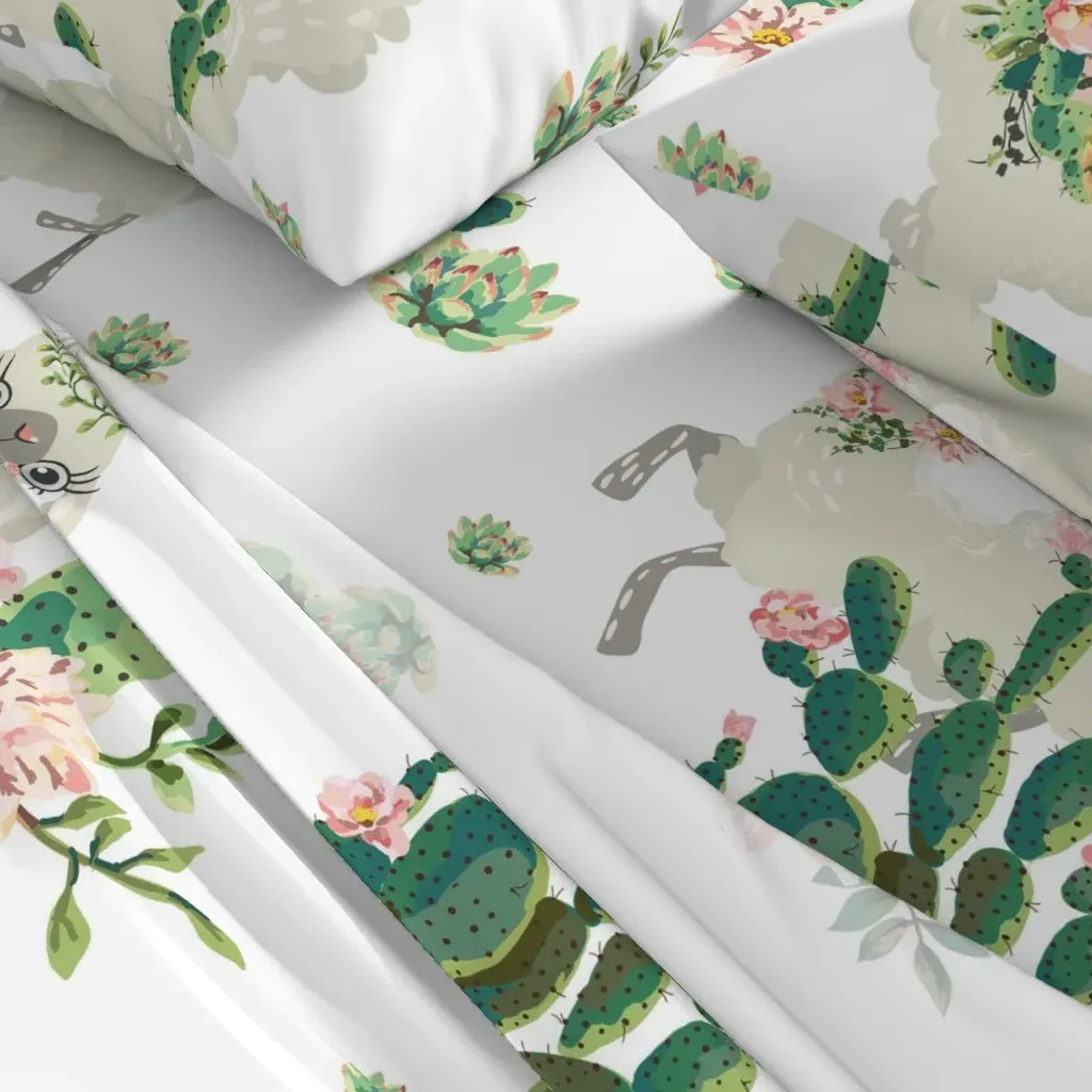 Cactus Floral Llama Full Sheet Set - White alternate view
