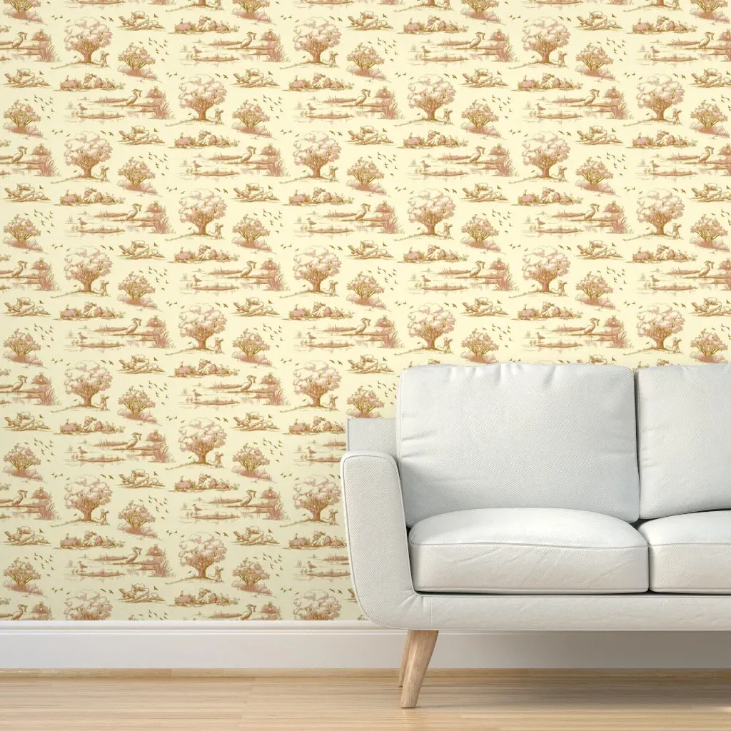 California Birding Cats Toile De Jouy Peel and Stick Wallpaper - Pink product