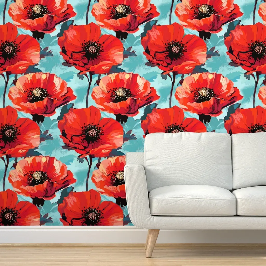 California Poppies Peel and Stick Wallpaper - Red, Blue product