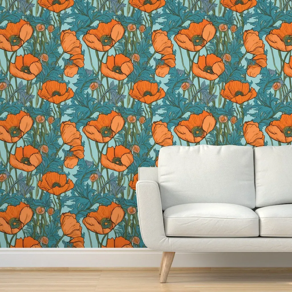 California Poppy Art Deco Peel and Stick Wallpaper - Orange, Teal product