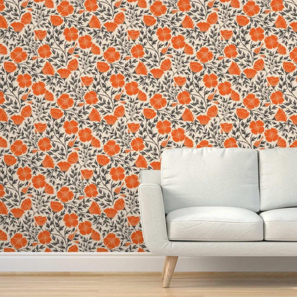 Californian Poppy Florals Lino Cut Block Print Peel and Stick Wallpaper - Orange product