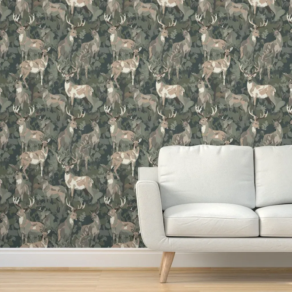Camouflage Deer Peel and Stick Wallpaper - Dark Olive Green product