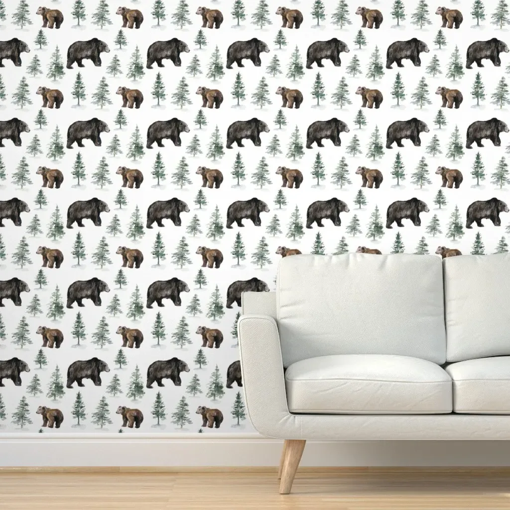 Camping Bear and Trees Woodland Peel and Stick Wallpaper - Dark Brown product