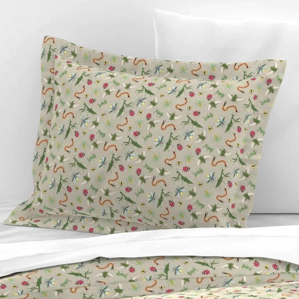 Camping Bugs Taupe Standard Flanged Cushion Cover - Green, Cotton Sateen product