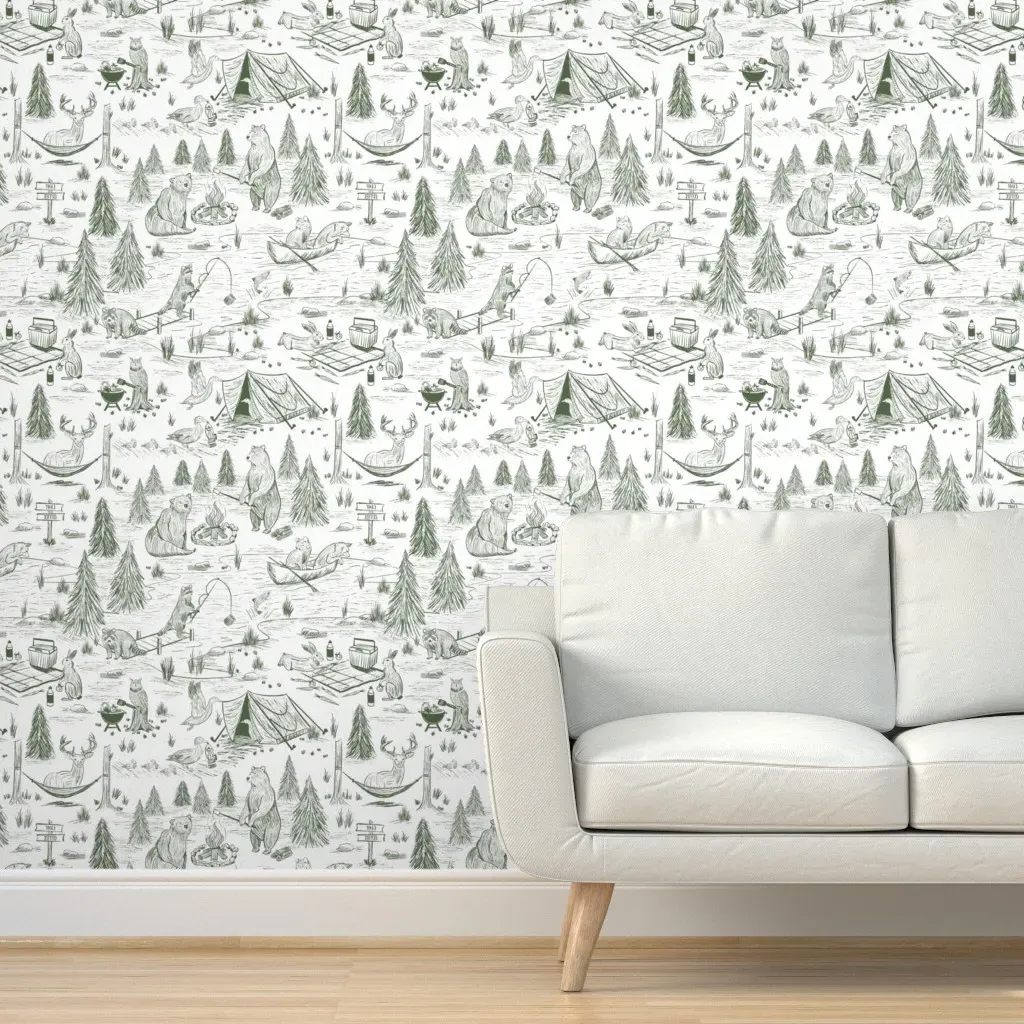 Camping Forest Animal Toile Peel and Stick Wallpaper - Dark Green, White product